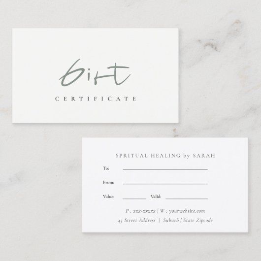 ミニマルシンプルDusky Green Scriptギフト券 名刺 (正面/裏面)