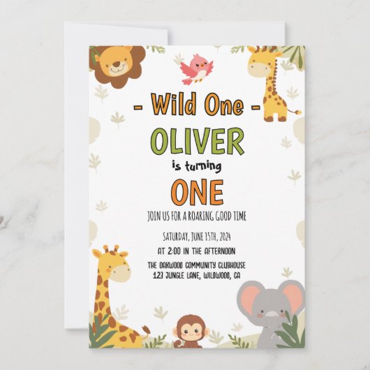ミニマルジャングルサファリ赤ちゃんの誕生日おめでとうWild One 招待状 (正面)