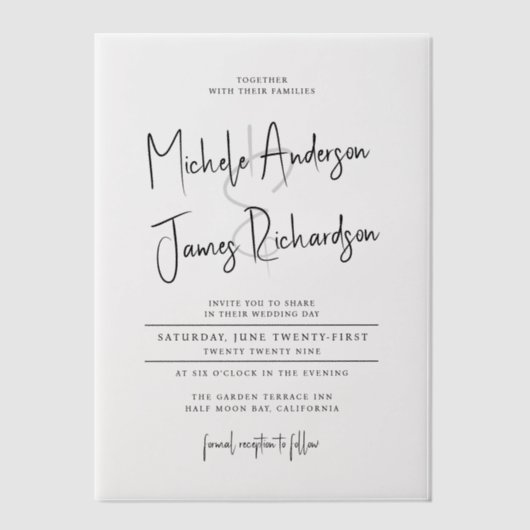 ミニマルスクリプトタイポグラフィフォーマル結婚の ベラム紙招待状 (正面)