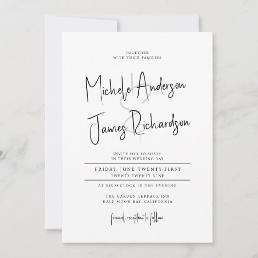 ミニマルスクリプトタイポグラフィフォーマル結婚の 招待状 (正面)