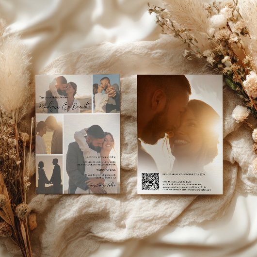 ミニマルスクリプトQrコード名6-Photo Grid結婚's 招待状
