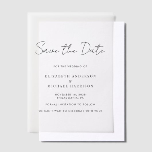 ミニマルスクリプモダント日付オーバーレイの保存 ベラム紙招待状 (オフセット)