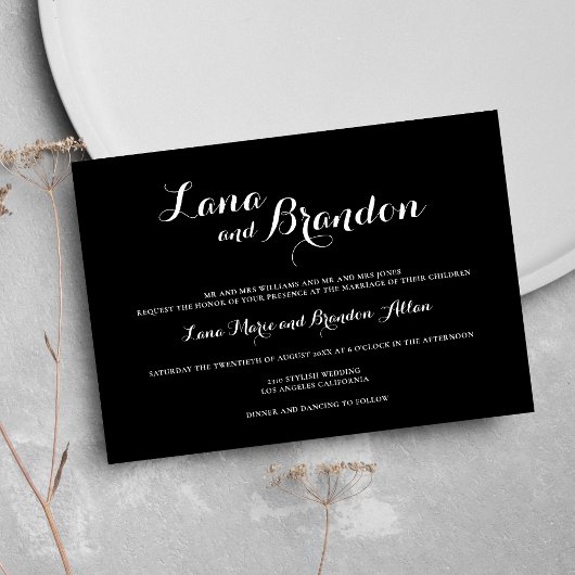 ミニマルスタイリッシュクラシック白黒結婚の 招待状