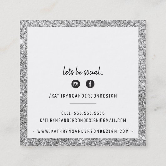 ミニマルスタイリッシュシンプル銀縁どグリッター灰色 スクエア名刺 (裏面)
