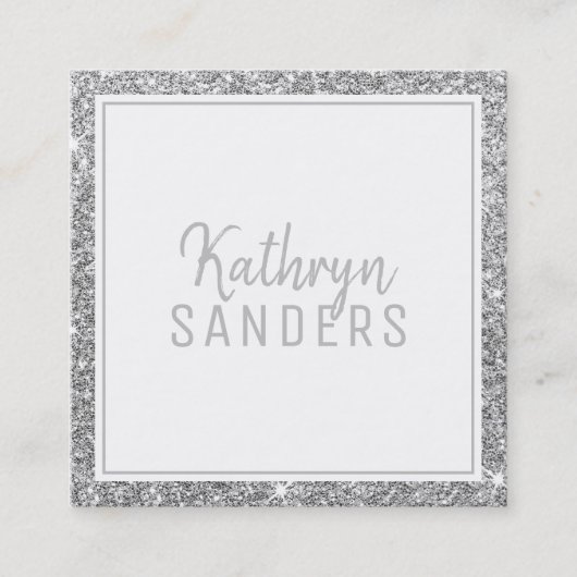 ミニマルスタイリッシュシンプル銀縁どグリッター灰色 スクエア名刺 (正面)