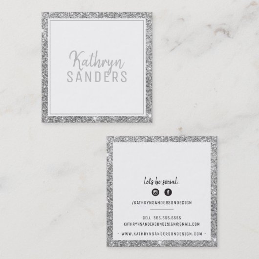 ミニマルスタイリッシュシンプル銀縁どグリッター灰色 スクエア名刺 (正面/裏面)