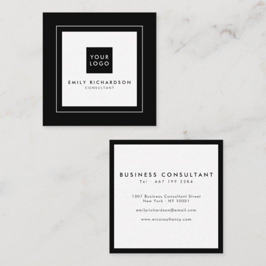 ミニマルスタイリッシュリストのプレーン白黒にロゴを追加 スクエア名刺 (正面/裏面)