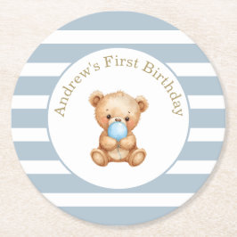 ミニマルストライプテディベア誕生日紙コースター ラウンドペーパーコースター