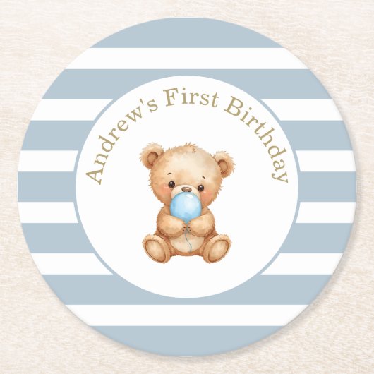ミニマルストライプテディベア誕生日紙コースター ラウンドペーパーコースター (正面)