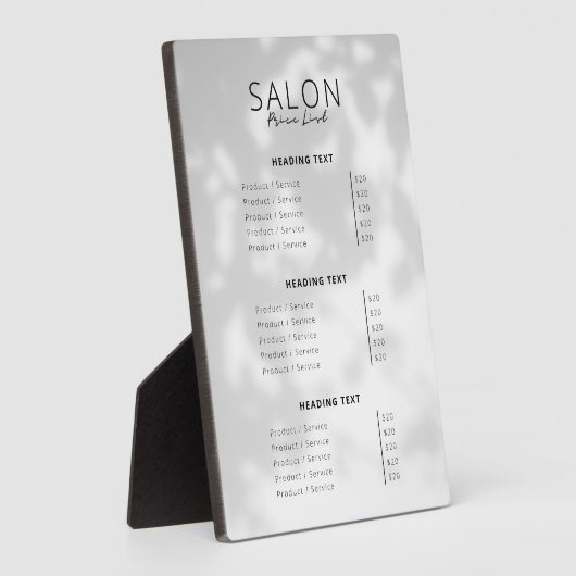 ミニマルスパ&ヘアサロンサービスの価格表 フォトプラーク (側面)