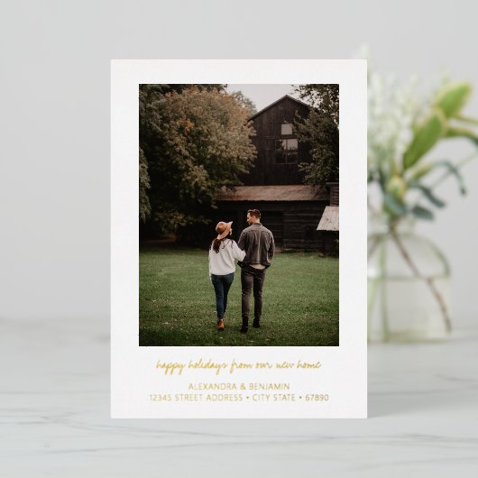 ミニマルタイポグラフィが新しいホームフォト金ゴールドを移動 箔シーズンカード (立ち正面)