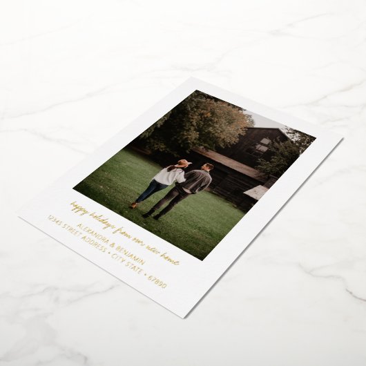 ミニマルタイポグラフィが新しいホームフォト金ゴールドを移動 箔シーズンカード (回転した状態)