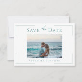 ミニマルタイポグラフィアクア白シェル写真結婚の セーブザデート (正面)