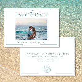 ミニマルタイポグラフィアクア白シェル写真結婚の セーブザデート