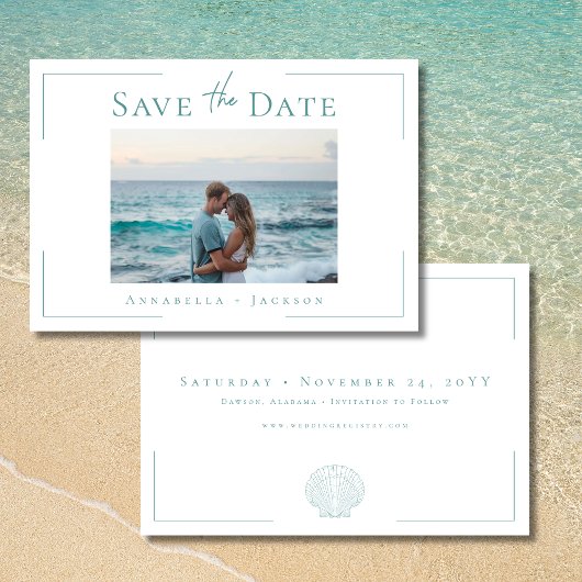 ミニマルタイポグラフィアクア白シェル写真結婚の セーブザデート