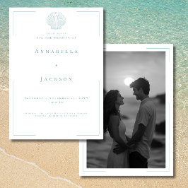 ミニマルタイポグラフィアクア白シェル写真結婚の 招待状