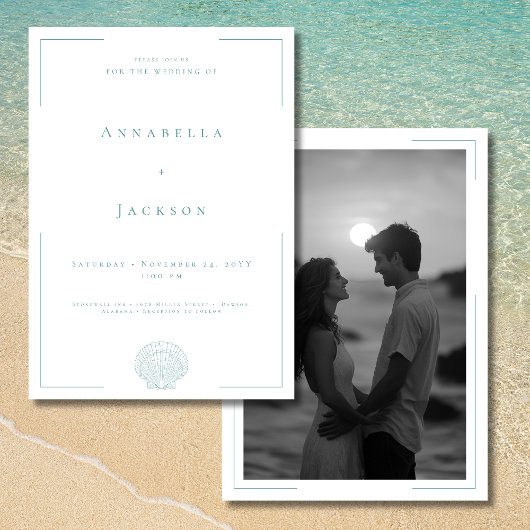 ミニマルタイポグラフィアクア白シェル写真結婚の 招待状