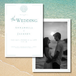 ミニマルタイポグラフィアクア白シェル写真結婚の 招待状