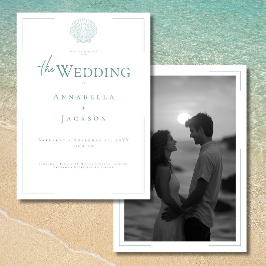 ミニマルタイポグラフィアクア白シェル写真結婚の 招待状