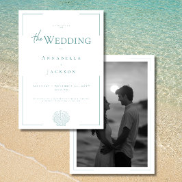 ミニマルタイポグラフィアクア白シェル写真結婚の 招待状