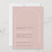 ミニマルタイポグラフィクロスバラピンクのアーチ洗礼 招待状 (正面)