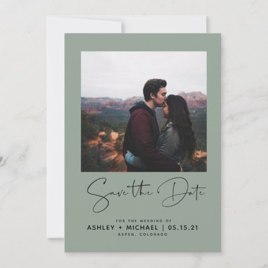 ミニマルタイポグラフィグリーン写真保存日時 セーブザデート (正面)