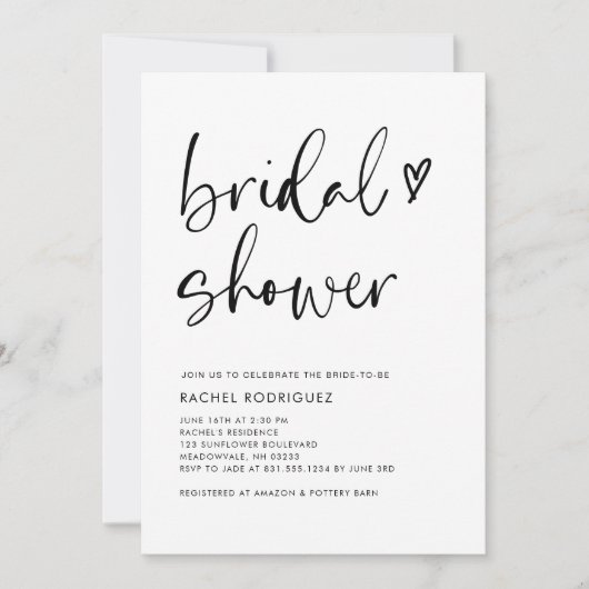 ミニマルタイポグラフィスクリプトハートブライダルシャワー 招待状 (正面)