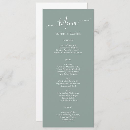 ミニマルタイポグラフィセージ結婚グリーンのメニューカード メニュー (正面/裏面)