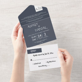 ミニマルタイポグラフィダークブルーモダンシック結婚ズ オールインワン招待状