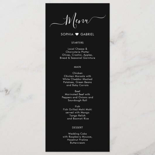 ミニマルタイポグラフィハートブラック結婚のメニューカード メニュー (正面)