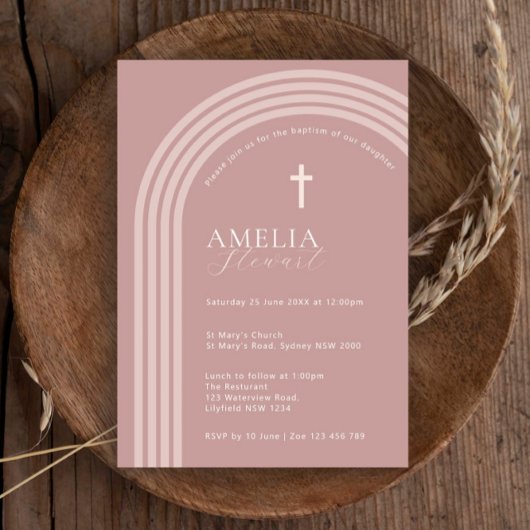 ミニマルタイポグラフィハーフアーチピンクバプテスマ 招待状