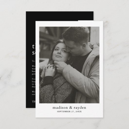 ミニマルタイポグラフィブラックモノグラム結婚写真 サンキューカード (正面/裏面)