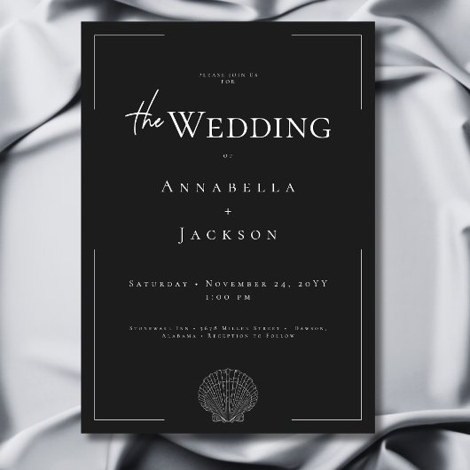 ミニマルタイポグラフィブラック&ホワイトシェル結婚ズ 招待状