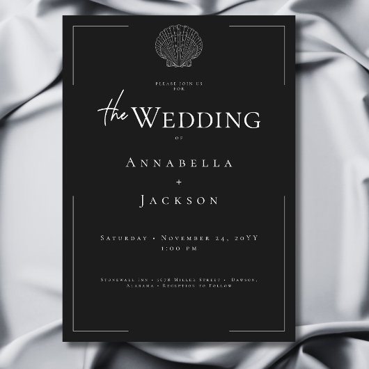 ミニマルタイポグラフィブラック&ホワイトシェル結婚ズ 招待状