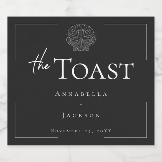 ミニマルタイポグラフィブラック&ホワイトシーシェル結婚ズ スパークリングワインラベル (シングルラベル)