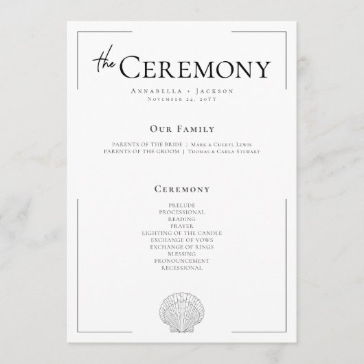 ミニマルタイポグラフィブラック&ホワイトシーシェル結婚ズ プログラム (正面)