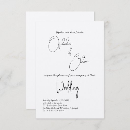 ミニマルタイポグラフィブラック&ホワイト結婚ズ 招待状 (正面/裏面)