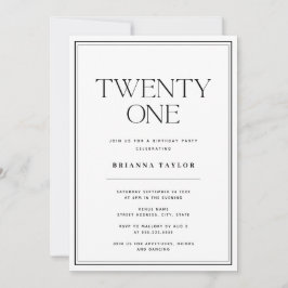 ミニマルタイポグラフィブラック&ホワイト21歳の誕生日 招待状