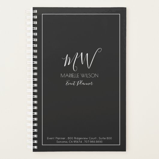 ミニマルタイポグラフィホワイトオンブラックイベント プランナー手帳 (正面)