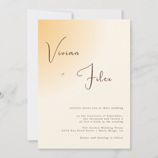 ミニマルタイポグラフィライトオレンジ結婚ズ 招待状 (正面)