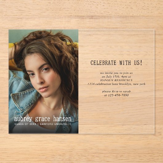 ミニマルタイポグラフィ写真卒業 アクリル招待状 (正面)