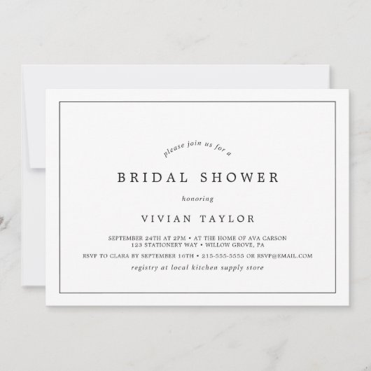 ミニマルタイポグラフィ水平ブライダルシャワー 招待状 (正面)