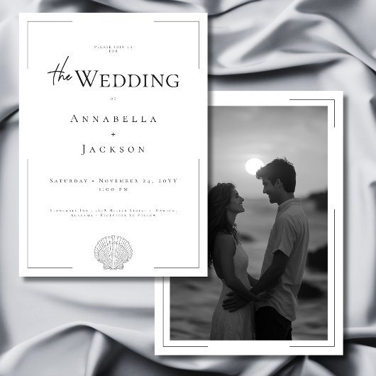 ミニマルタイポグラフィ白黒シェル結婚写真 招待状