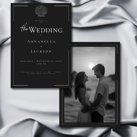 ミニマルタイポグラフィ白黒シェル結婚写真 招待状