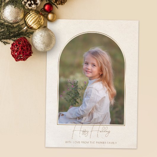 ミニマルタイポグラフィ金ゴールドアーチホリデーフォト シーズンカード