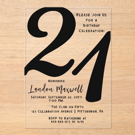 ミニマルタイポグラフィ21 21歳の誕生日パーティー アクリル招待状 (正面)