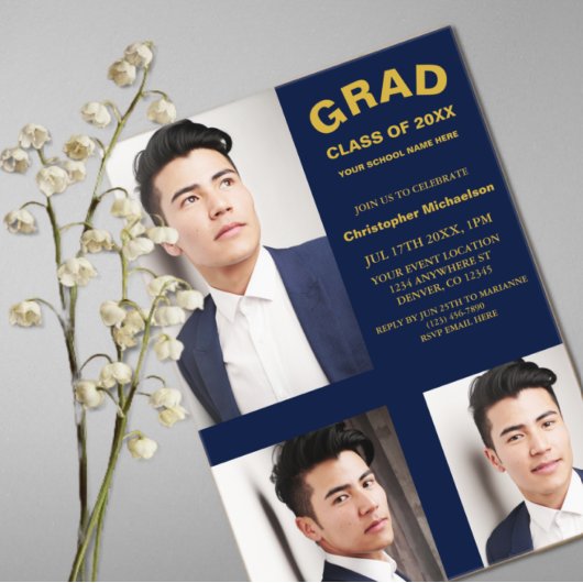 ミニマルタイポグラフィ3写真卒業 アクリル招待状