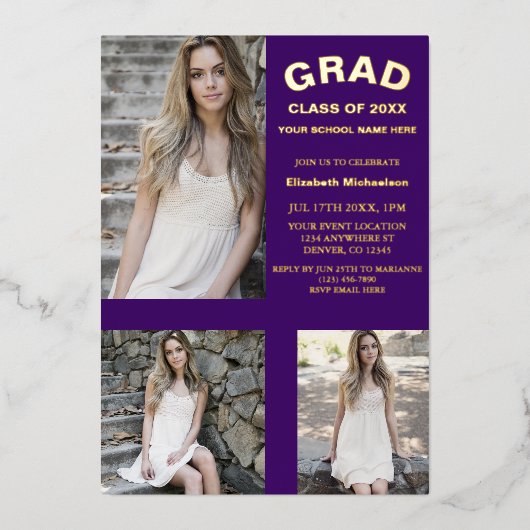 ミニマルタイポグラフィ3写真卒業 箔招待状 (正面)