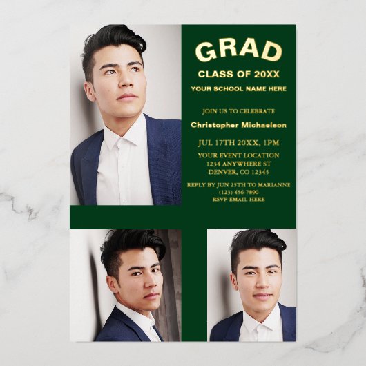 ミニマルタイポグラフィ3写真卒業 箔招待状 (正面)