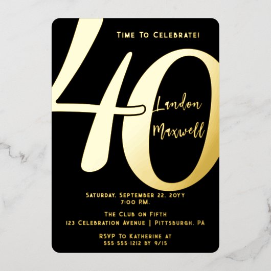ミニマルタイポグラフィ40 40th誕生日パーティー 箔招待状 (正面)